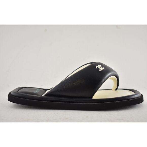 Chanel 22P Black White Lambskin Padded Pool Thong Logo Mule Slide Flat Sandal 36 - Picture 2 of 14